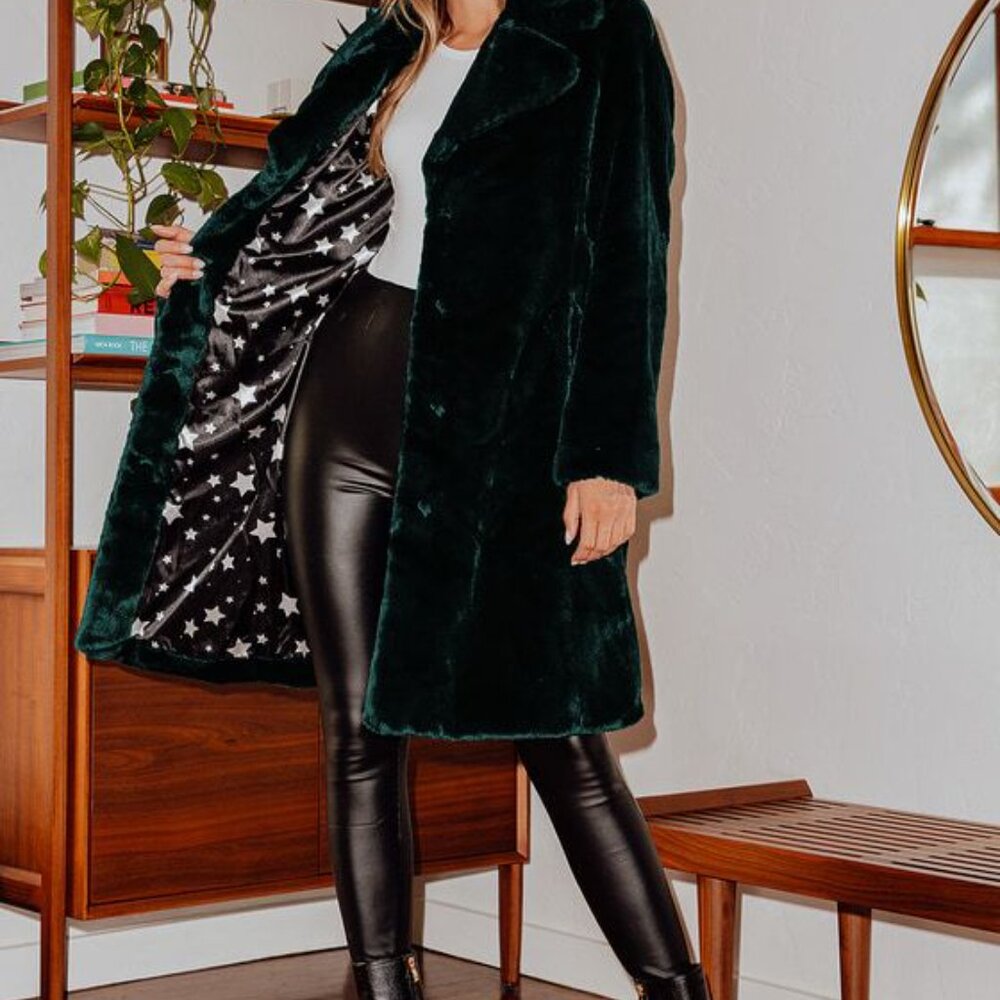 Luxurious Avec Les Filles Emerald Green Faux Fur Coat With Star Print Lining